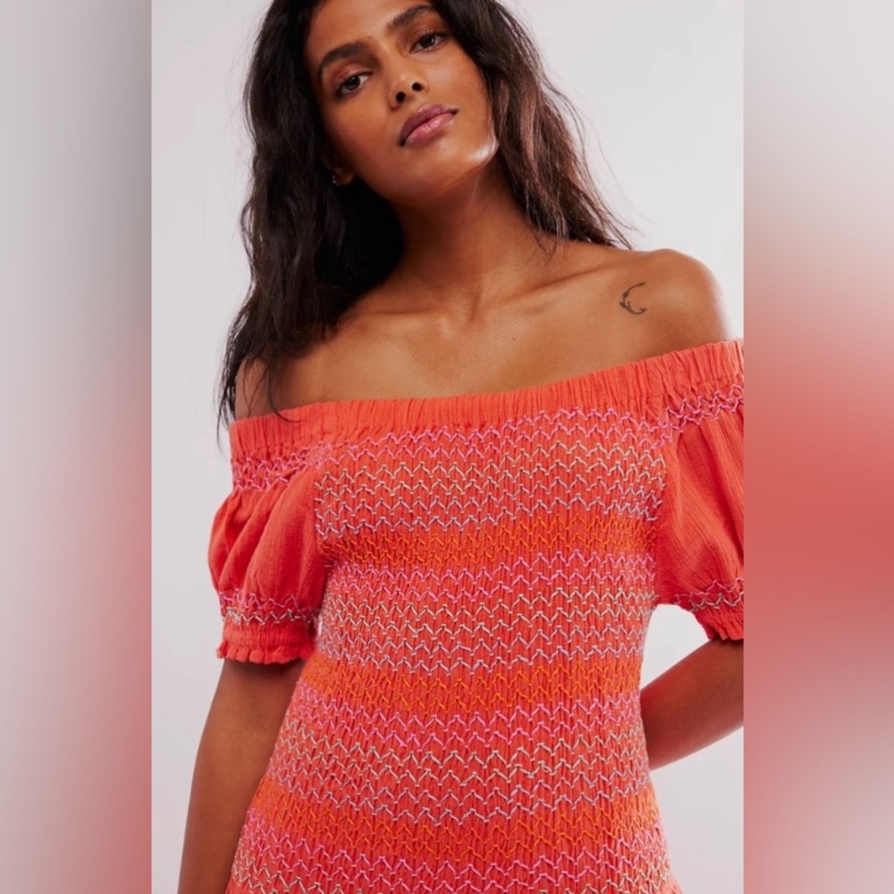 Free People Catch Me Midi Dress Size Small Off Shoulder Fitted Drop Waist Midi - Picture 5 of 7